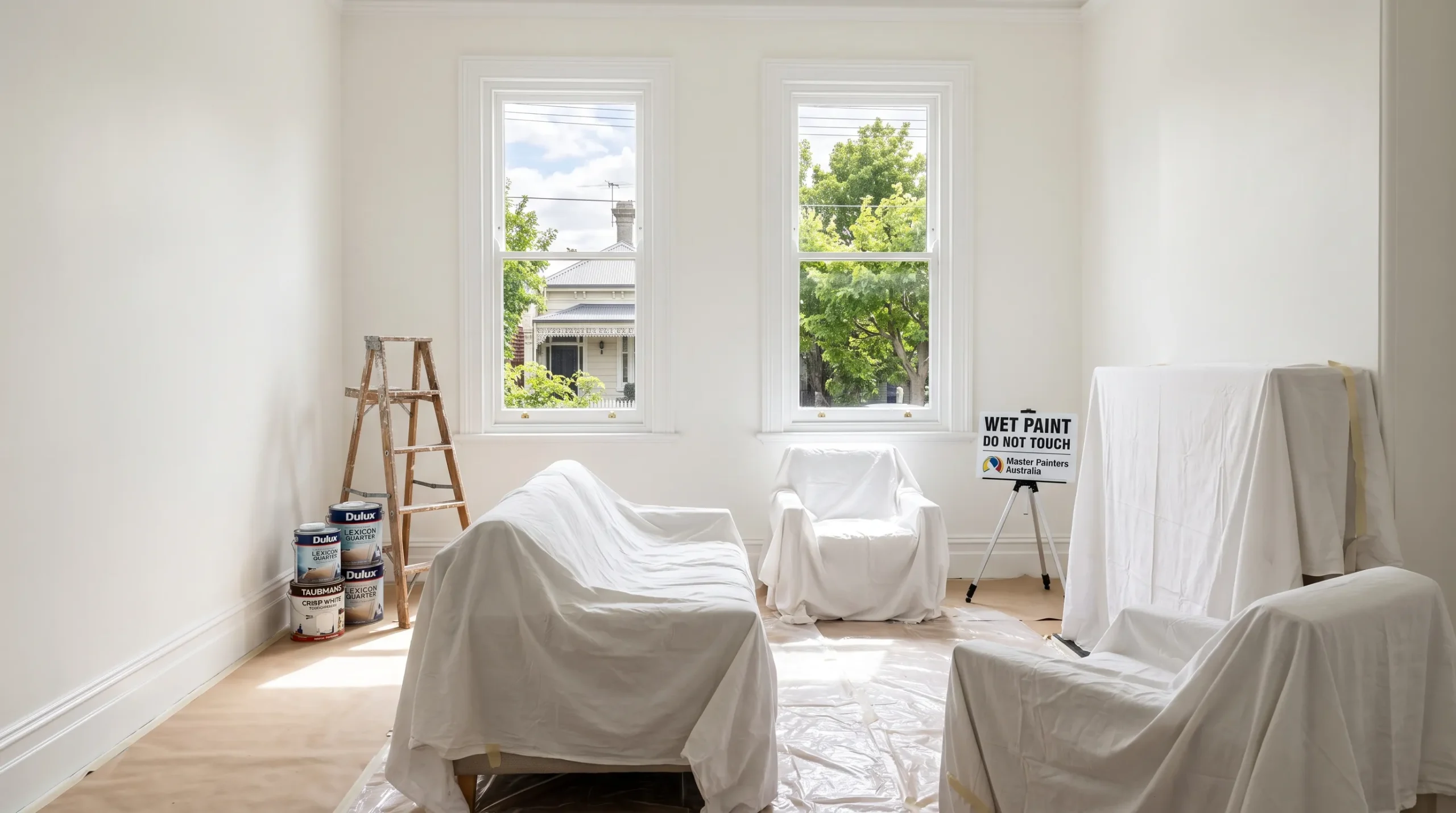 A freshly painted Melbourne living room with bright walls, crisp trim, tall windows and covered furniture nearby.