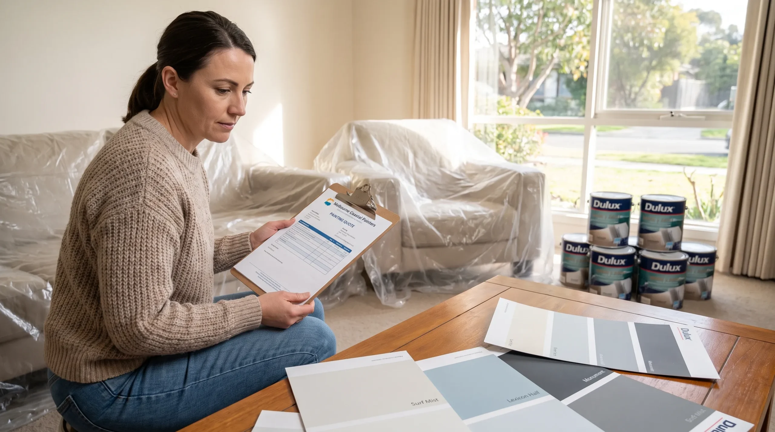 A homeowner reviews a written painting quote beside paint sample boards and covered furniture in a Melbourne room.