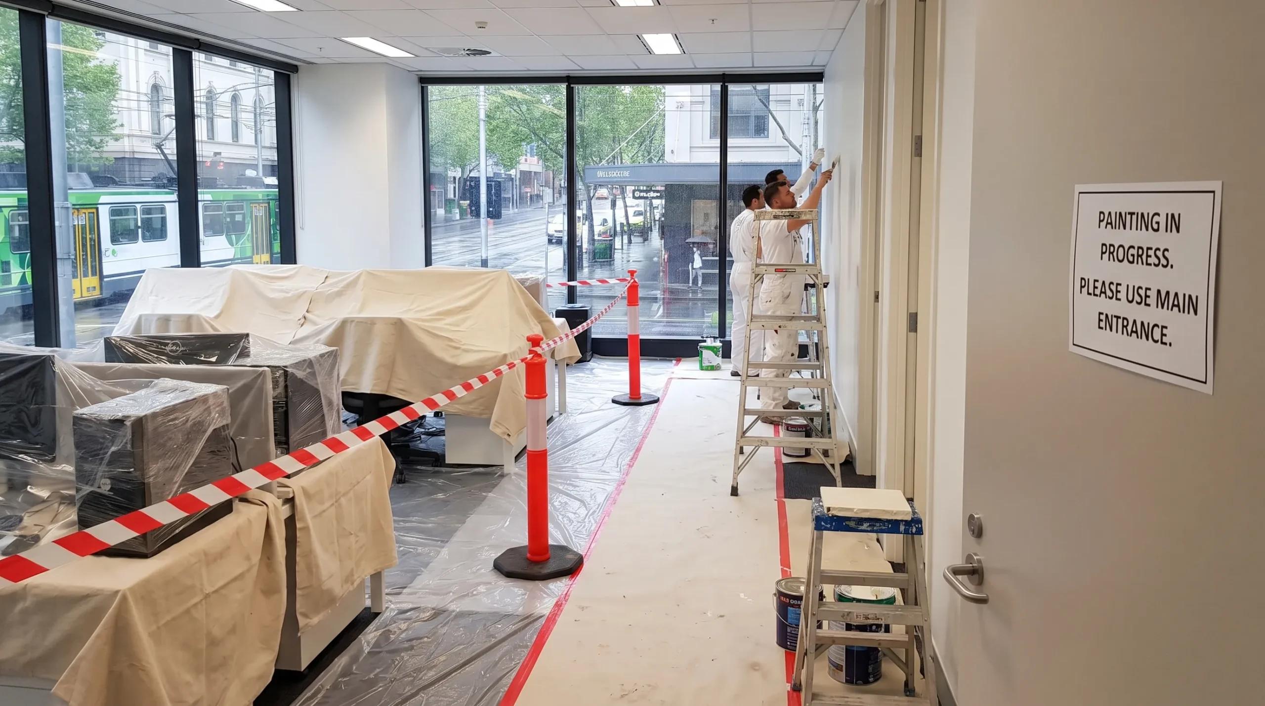 A Melbourne office interior is protected with drop sheets, covered desks and clear walkways during a commercial repaint.
