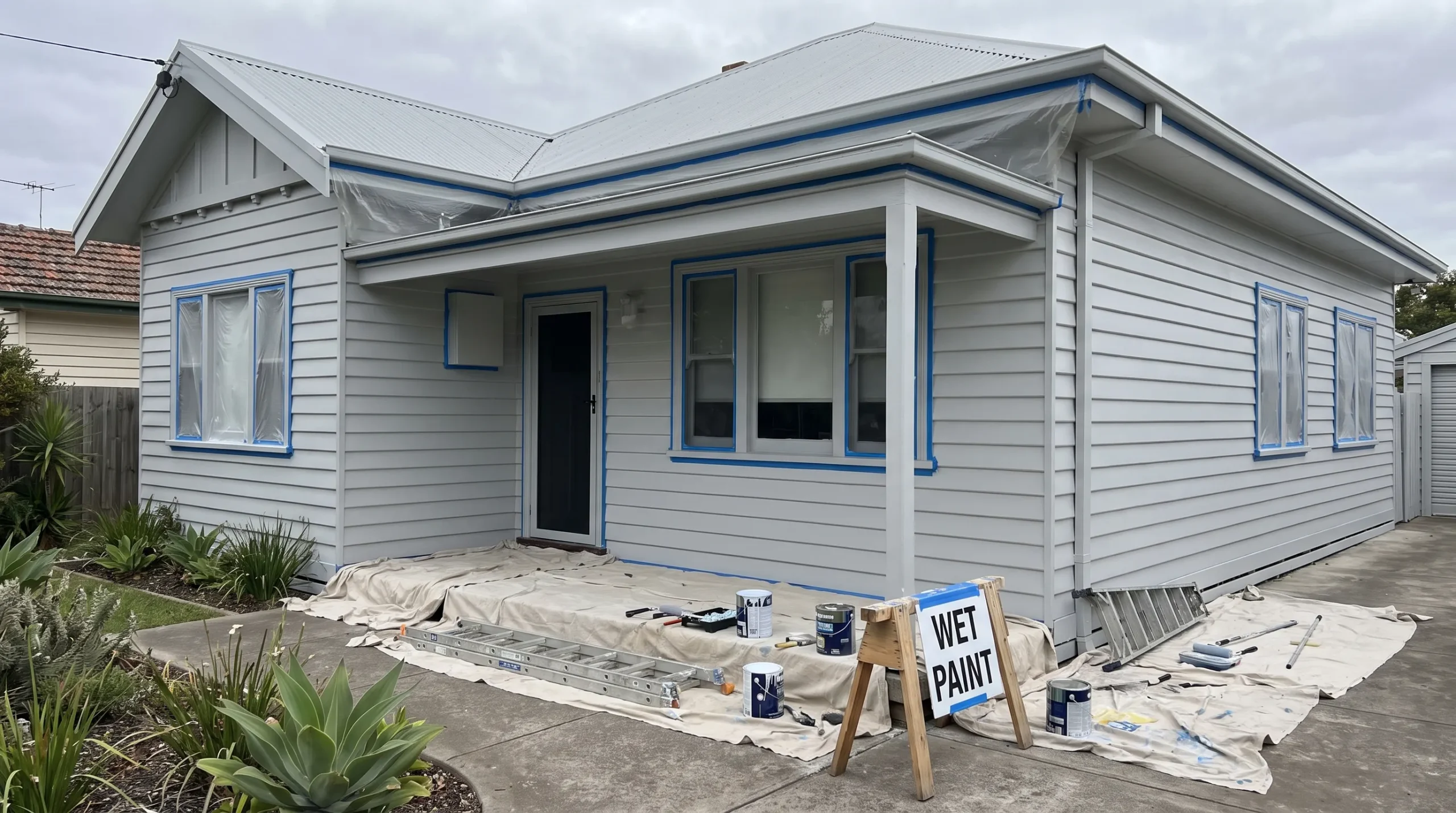 A Melbourne weatherboard home with freshly painted walls, protected trims, drop sheets and paint tools along the front path.