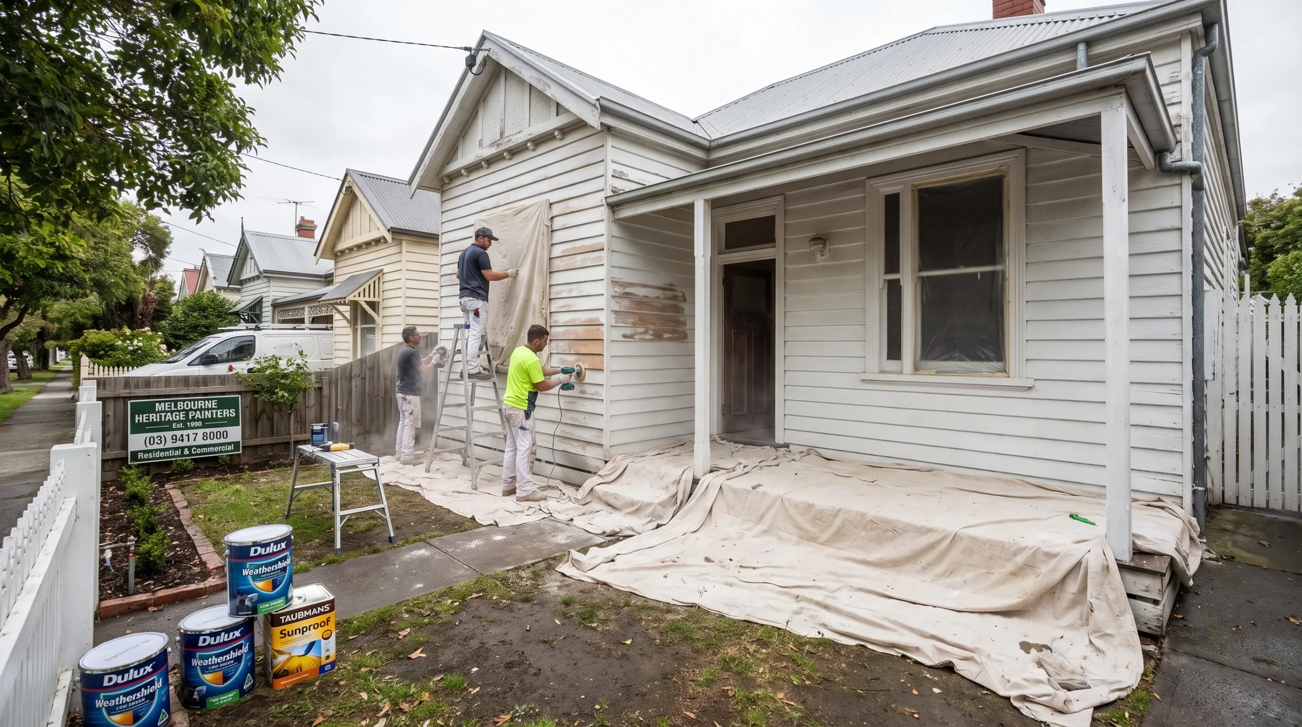 Exterior painters prepare a Melbourne weatherboard home with drop sheets, ladders, paint tins and sanding work underway.