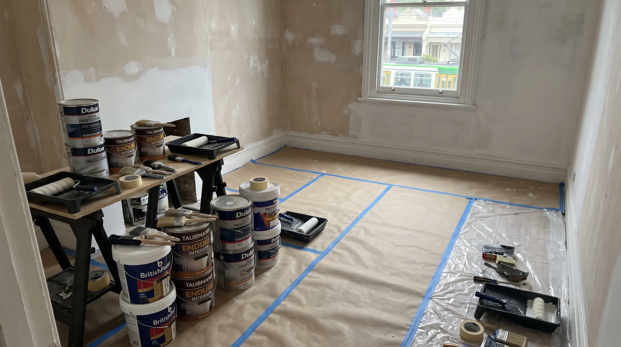 Protected floors, prepared walls, paint tins and clean brushes sit in a Melbourne renovation room during painting and finishing work.