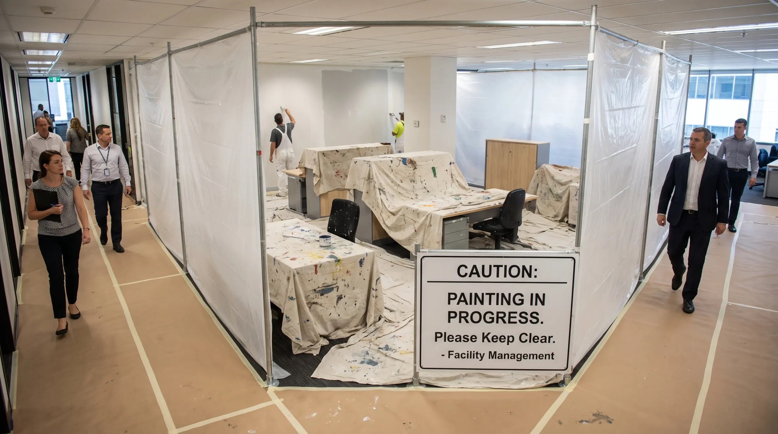 A commercial interior has a repainting zone screened by temporary barriers, with covered furniture and a clear corridor for staff.