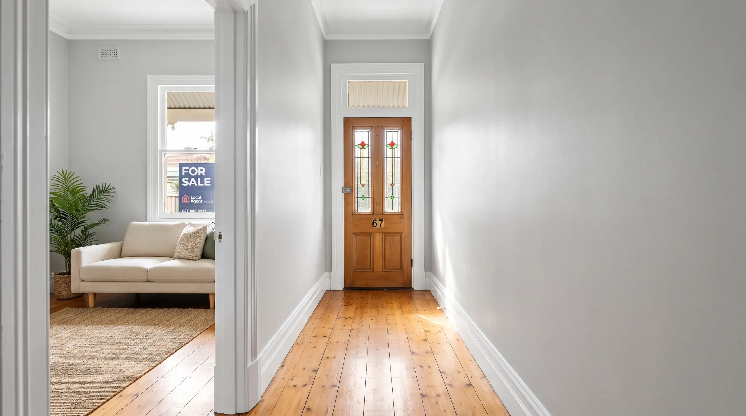 A freshly painted Melbourne hallway leads to a timber front door, with clean skirting boards and an adjoining living room ready for property photography.