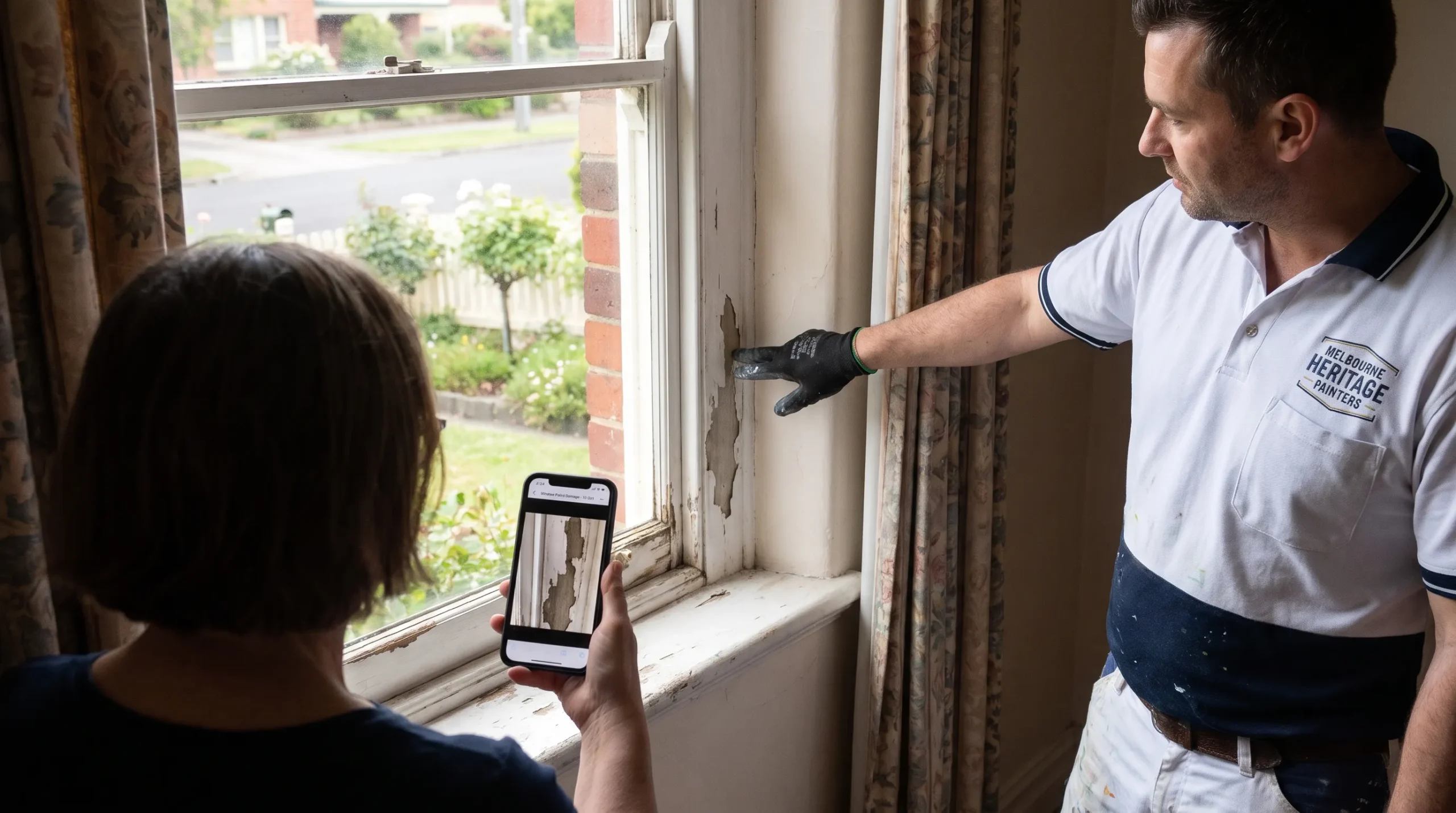 A homeowner and contractor examine peeling paint on a timber window frame during a professional painter warranty assessment.