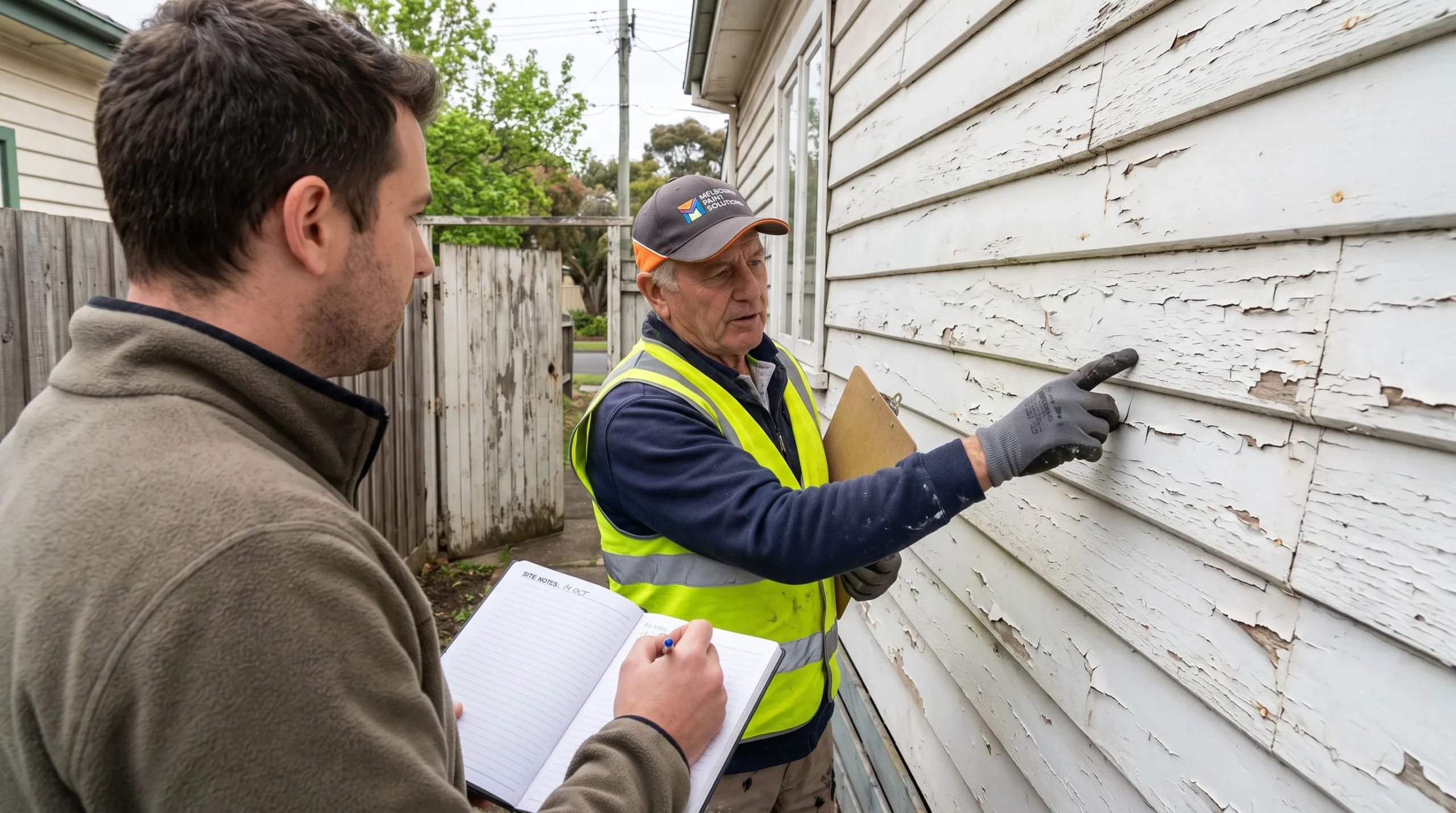 A homeowner and contractor record weatherboard condition and access details while assessing painting companies in Melbourne.