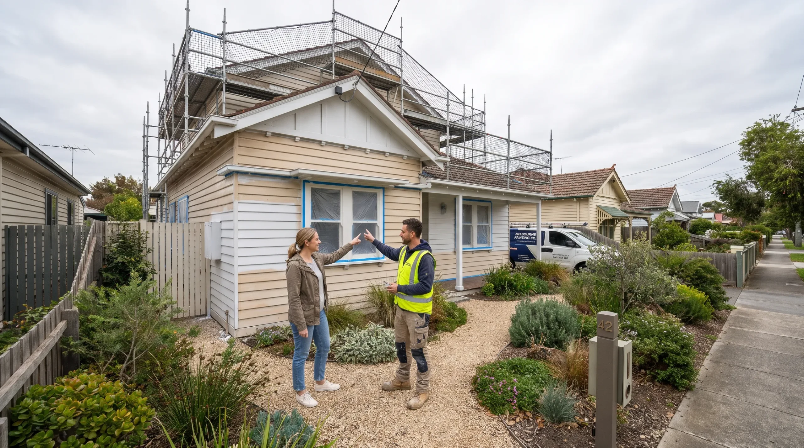 A homeowner and painter discuss repaired weatherboards beside protected windows and scaffolding at a Melbourne home.