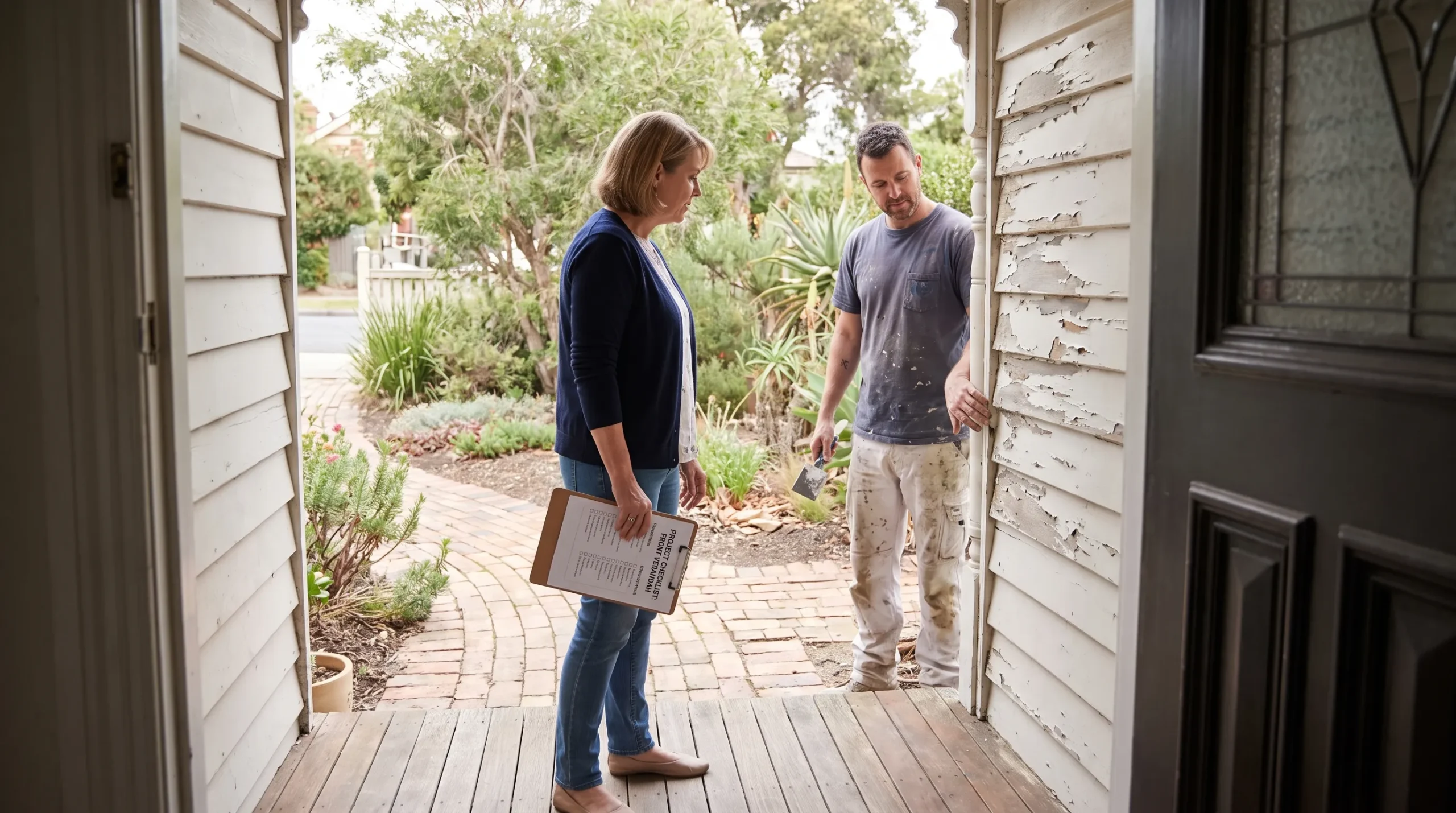 A homeowner and painter review a checklist beside peeling weatherboards while discussing painters Melbourne residents can hire.
