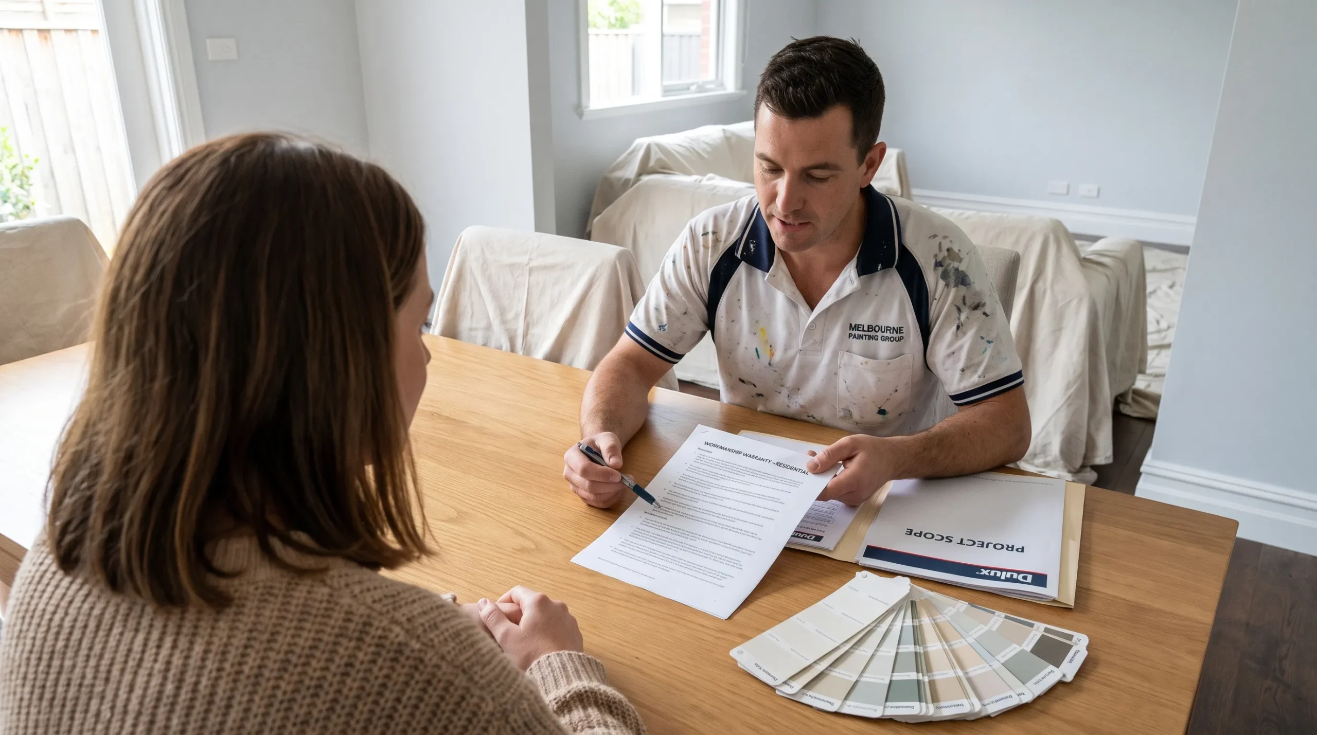 A homeowner and painting contractor review the written scope and workmanship warranty beside paint samples in a protected Melbourne home.
