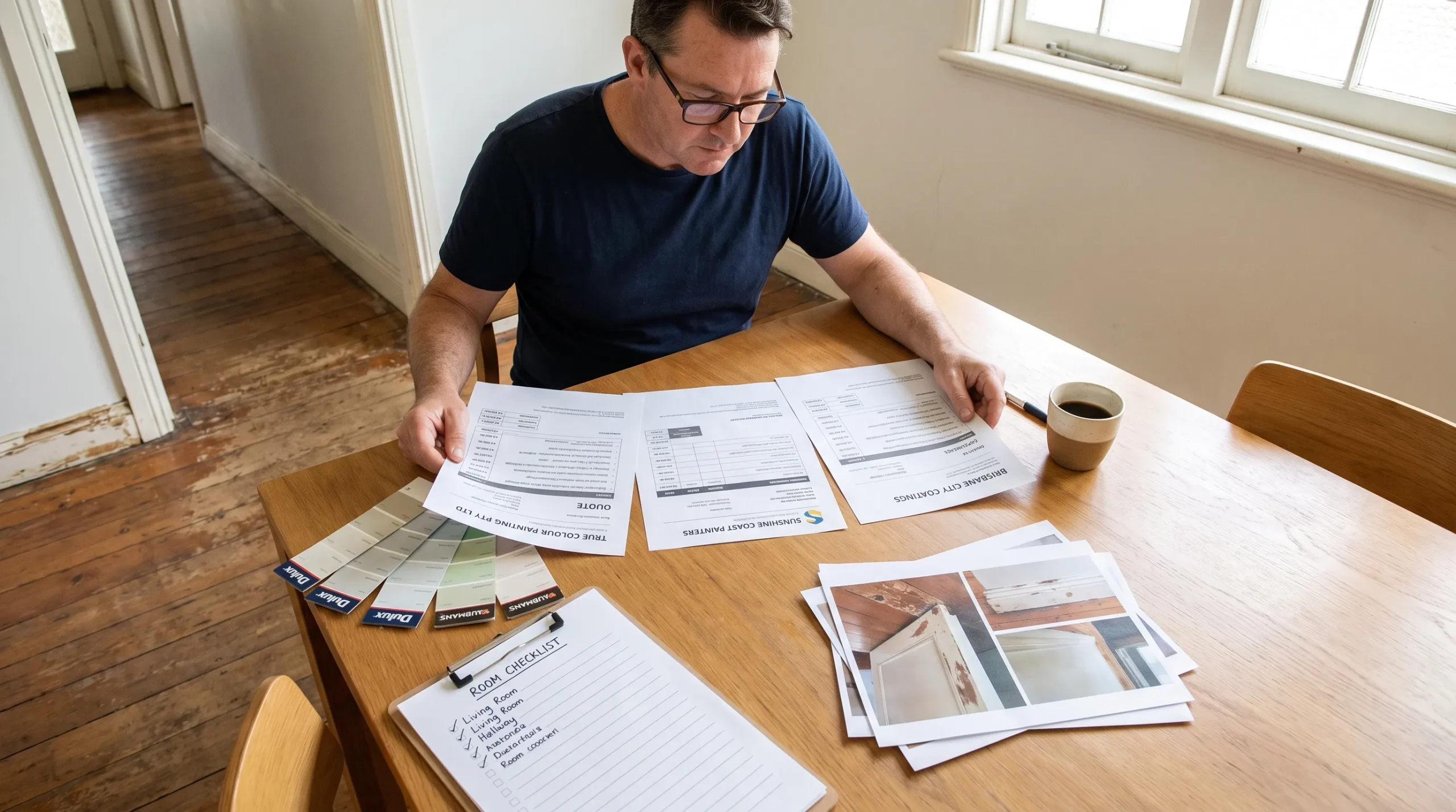A homeowner compares itemised painting quotations at a dining table, with colour samples, a room checklist and photos of worn skirting boards.