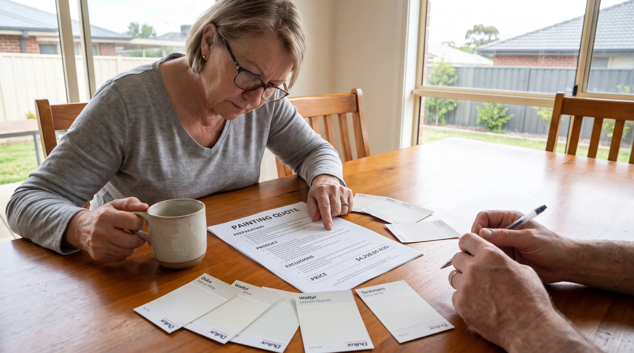 A homeowner reviews a painting quote and labelled paint samples at a dining table, with the preparation, product, exclusions and price sections visible on the page.