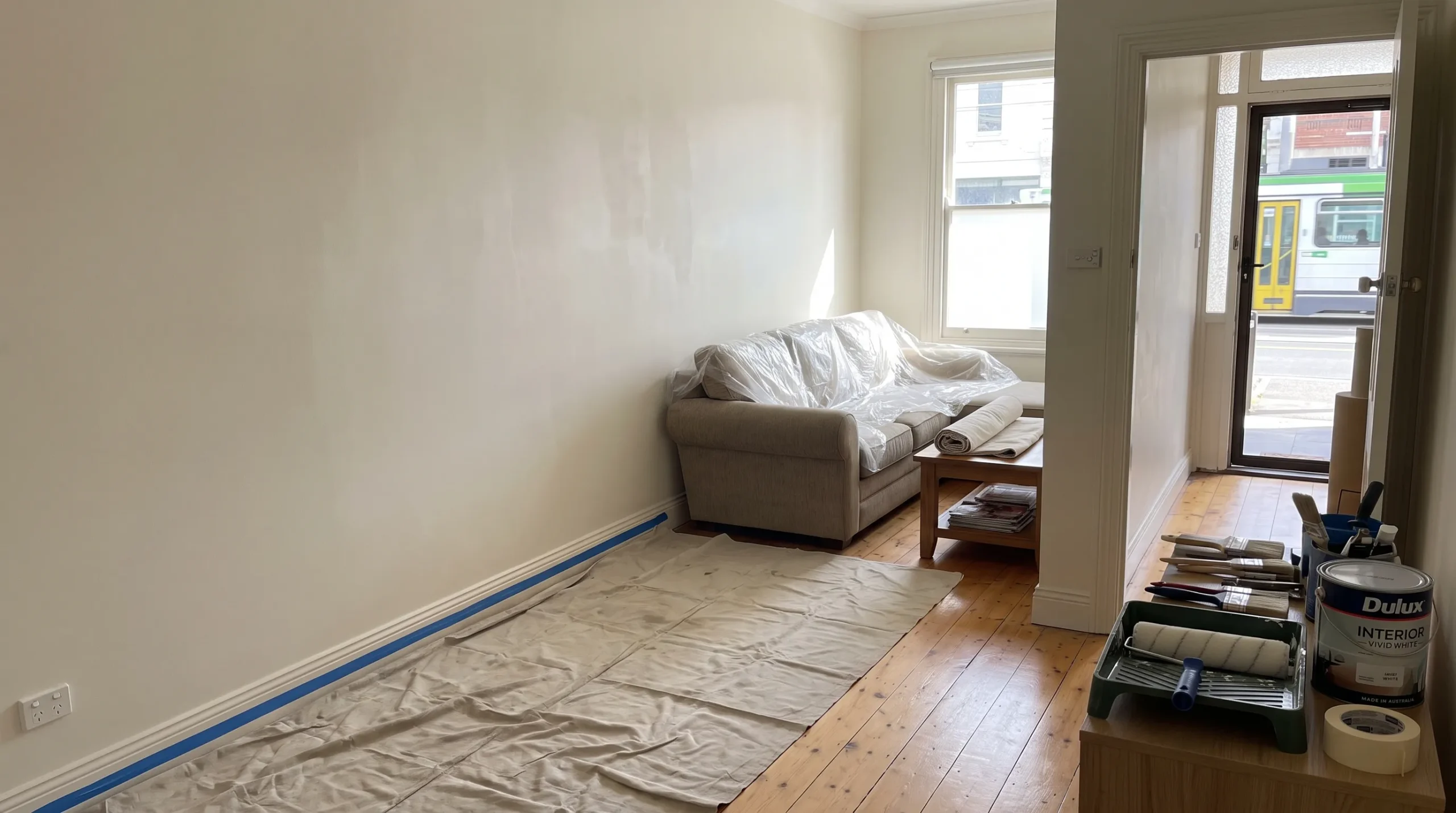A Melbourne living room nears completion, with a freshly painted wall, protected floor and neatly gathered painting tools.