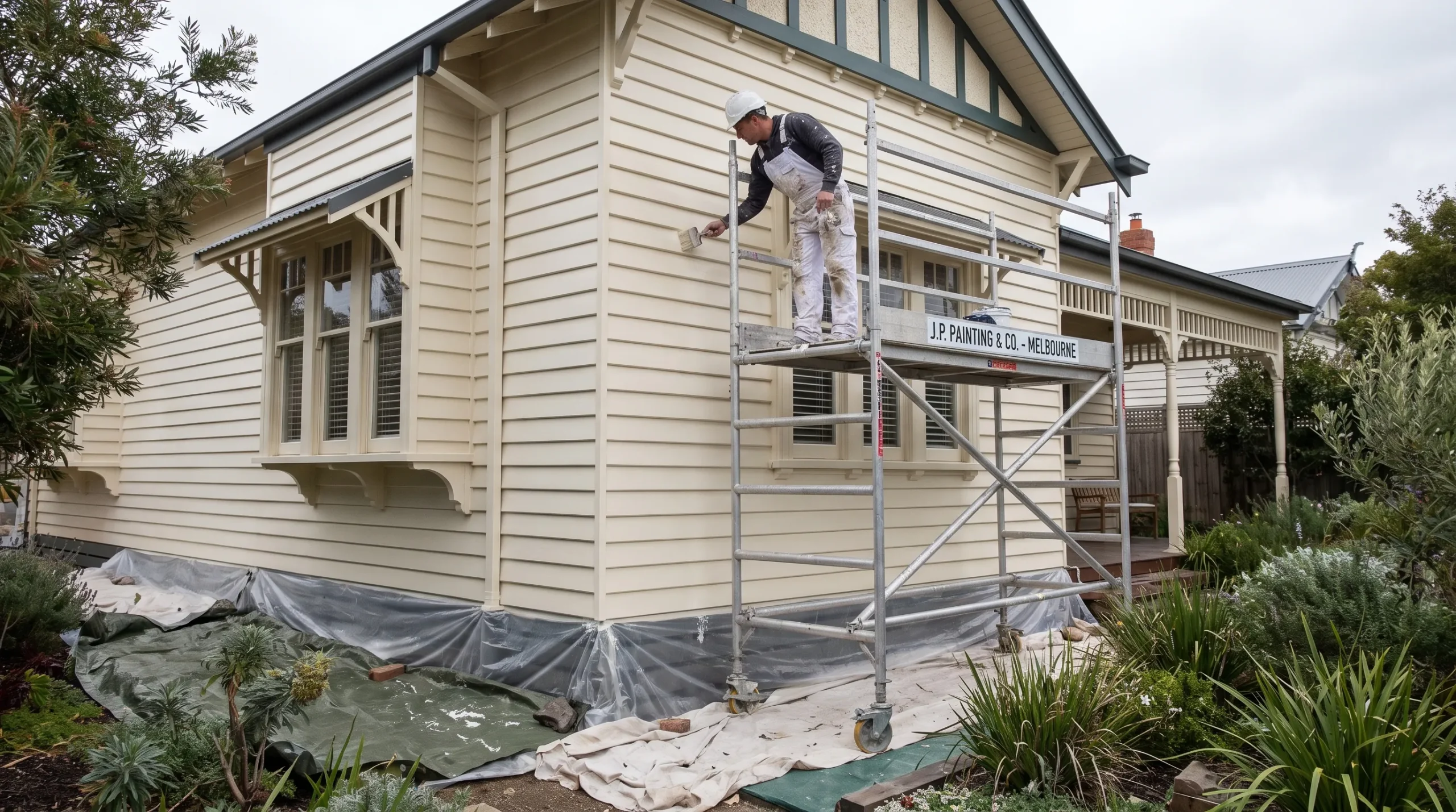 A painter applies exterior coating to repaired Melbourne weatherboards from a stable work platform, with garden beds protected below.