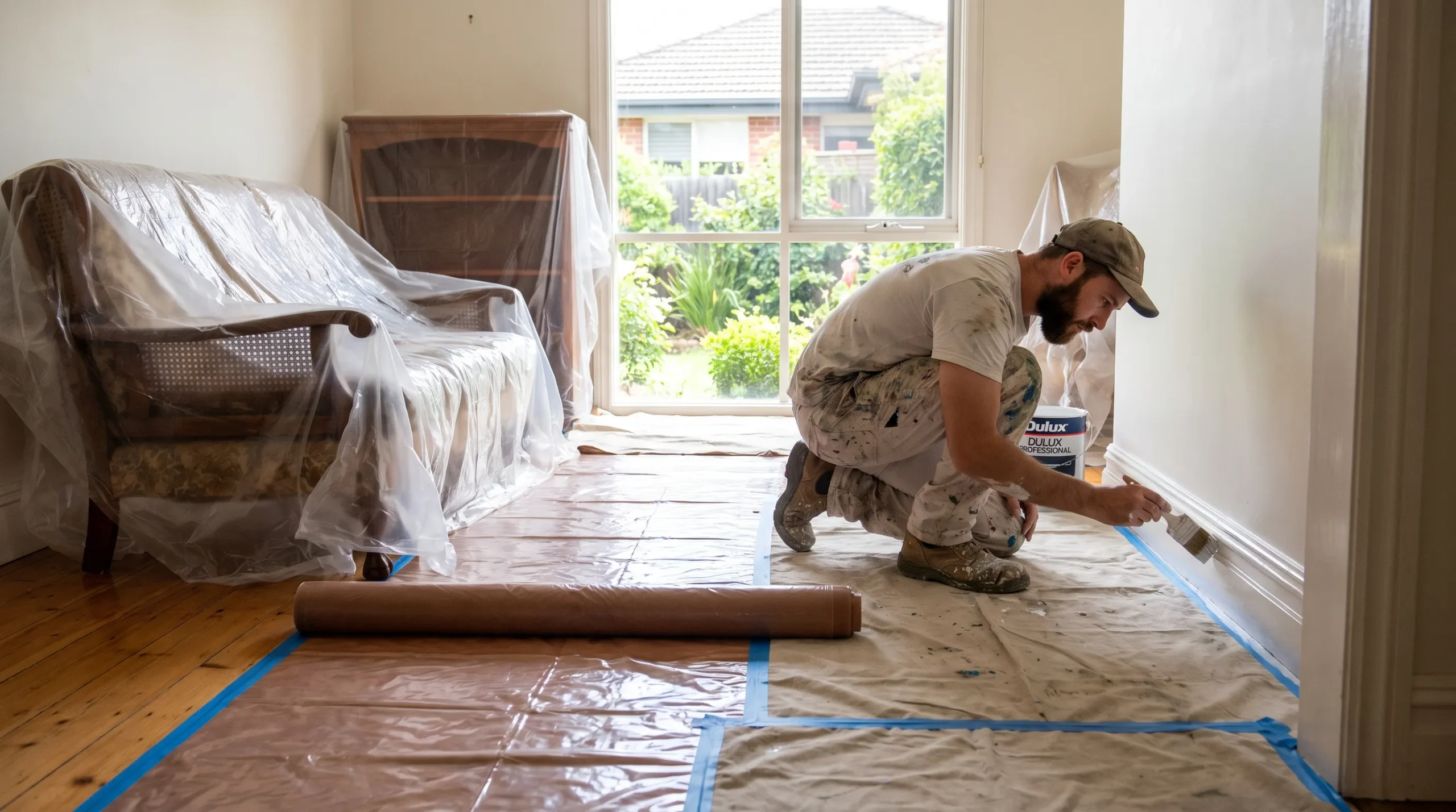 A painter carefully finishes timber trim in a Melbourne home, with furniture protected and secured drop sheets covering the floor.