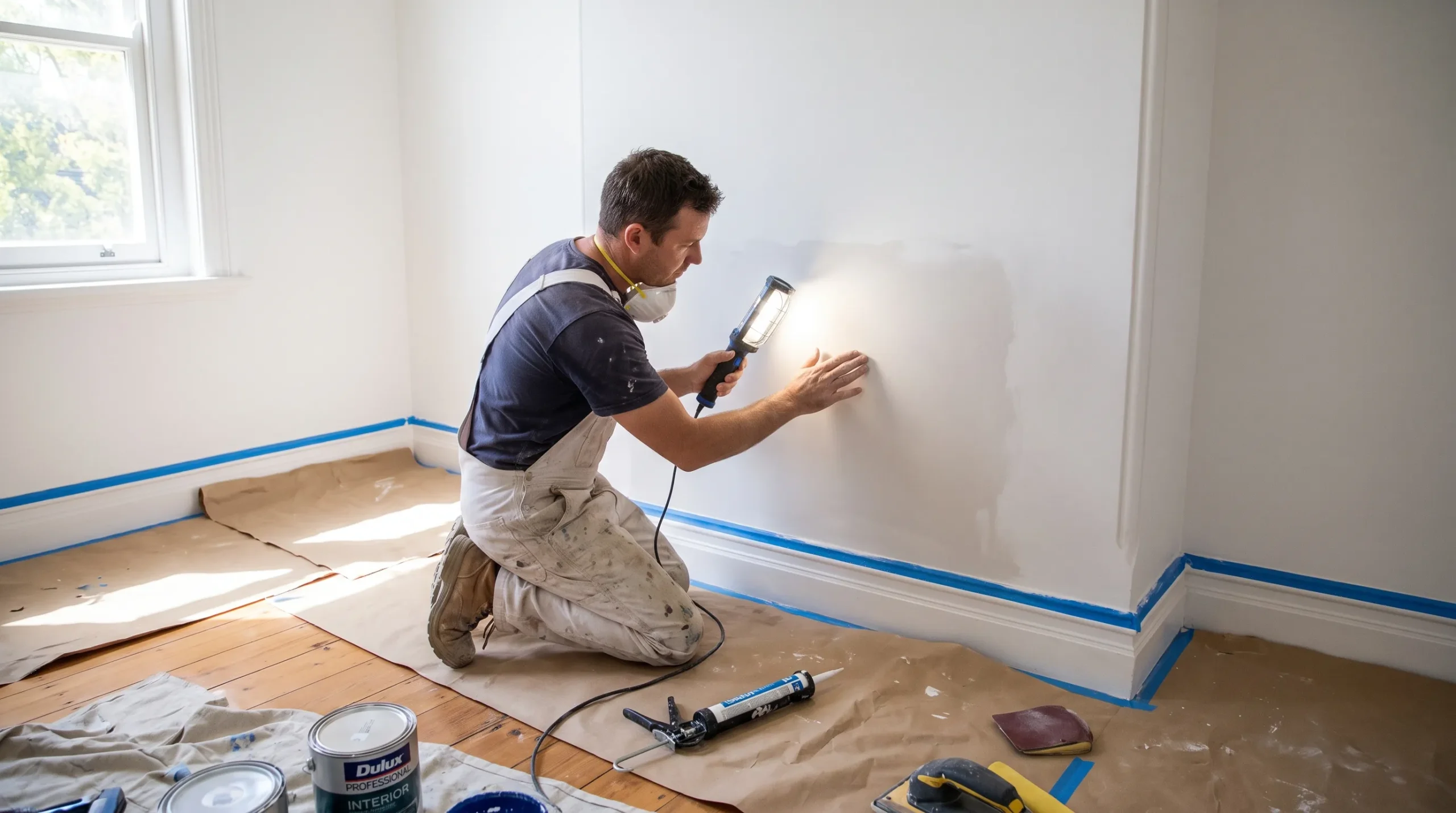 A painter checks a repaired interior wall in angled light, with the floor protected and the skirting boards masked before finishing.