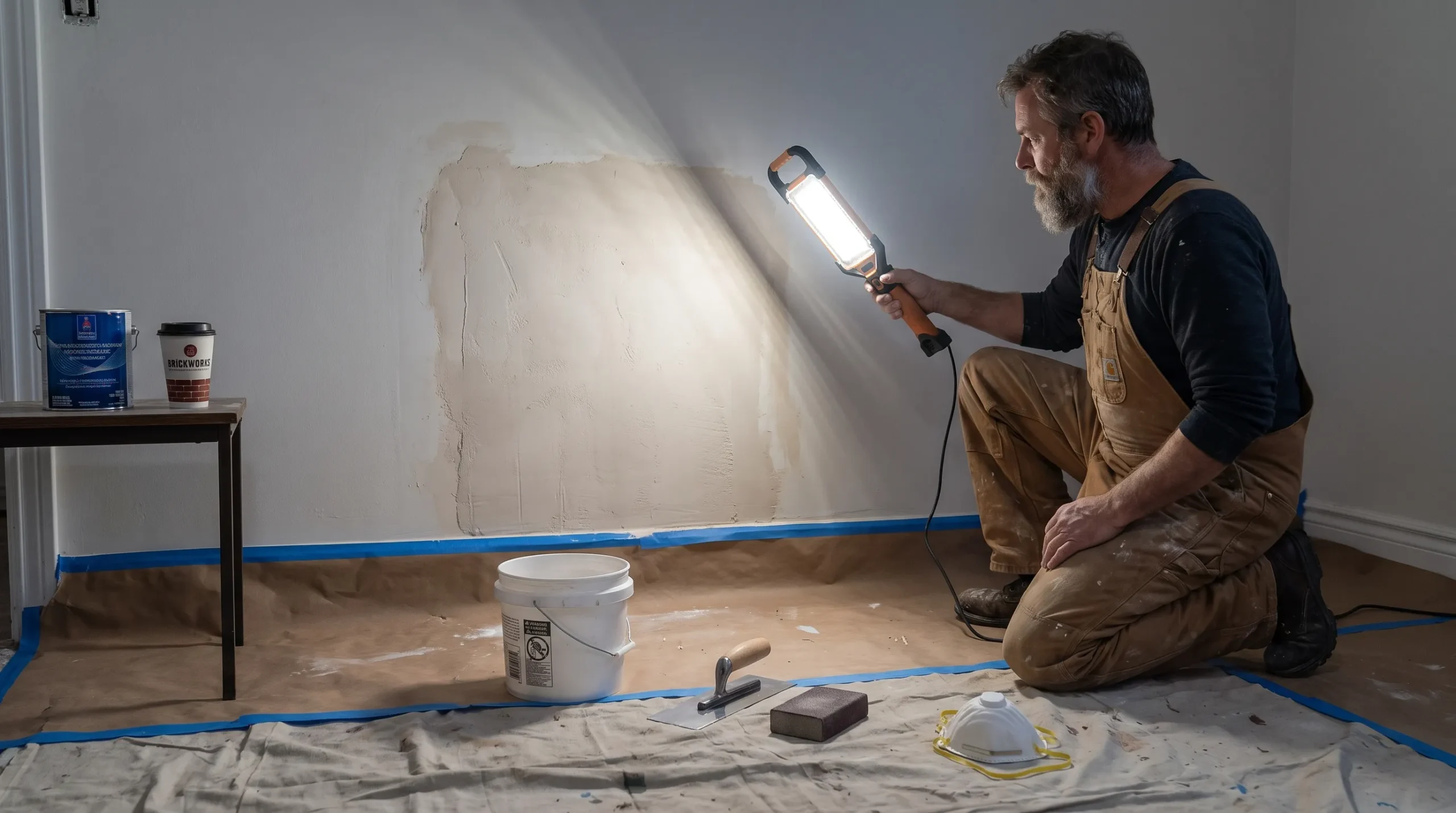 A painter checks a repaired plaster wall under angled inspection light, with protected flooring and preparation tools nearby.