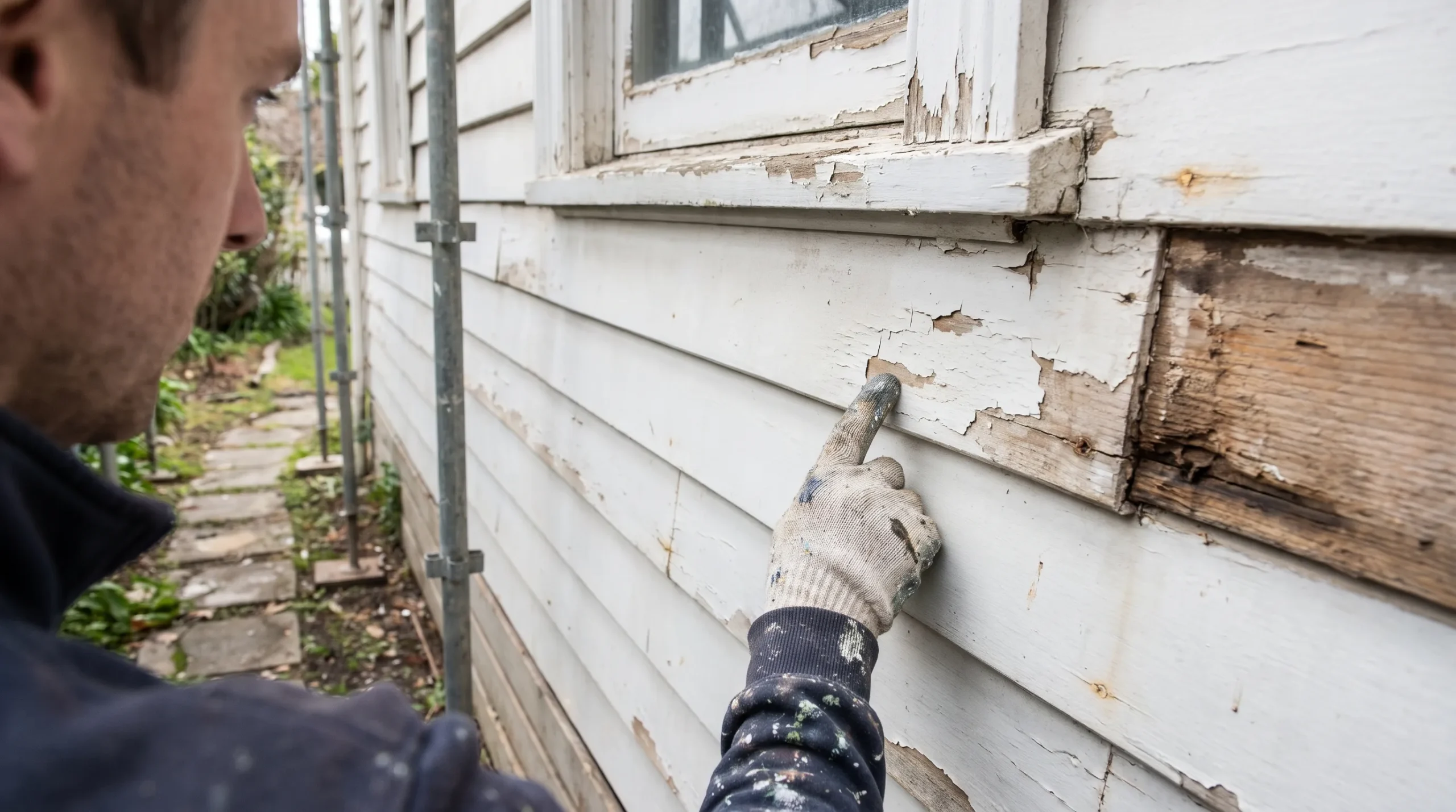 A painter checks peeling coating beside a weatherboard home's window while scaffold stands along the side wall during an exterior painting inspection.