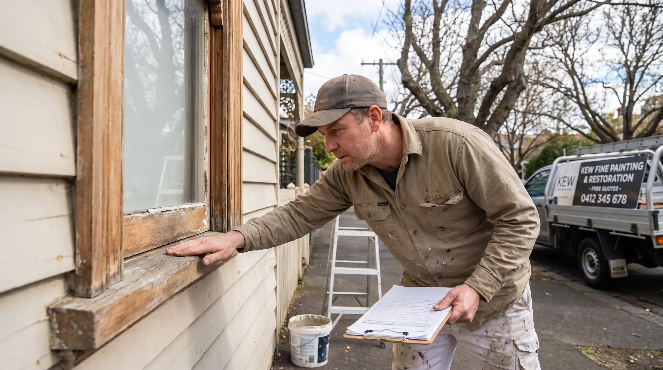 A painter looks closely along the weatherboards and window trim of a Kew period home, assessing the exterior surfaces before quoting.