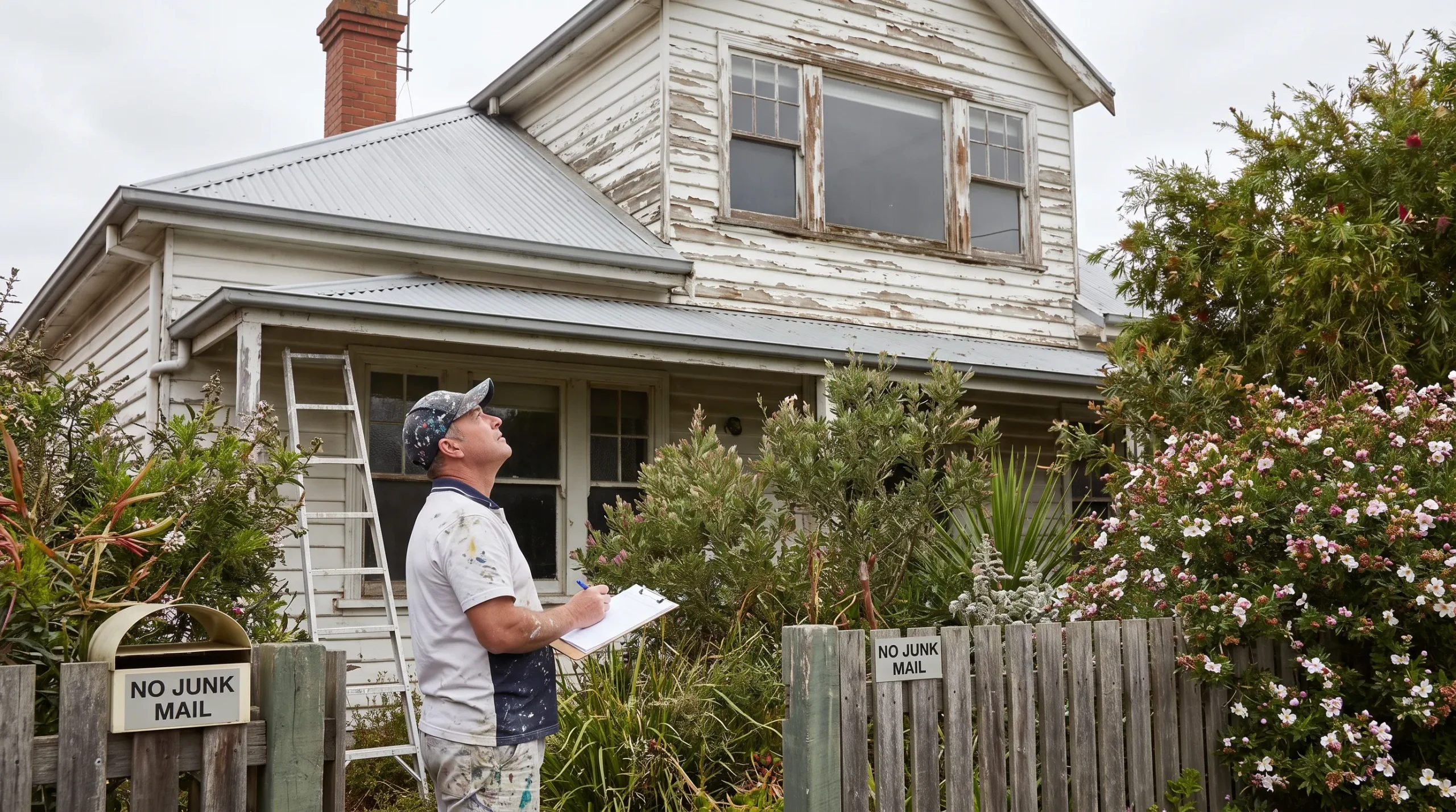 A painter looks up at peeling weatherboards and timber window frames from the garden of a Melbourne home, assessing exterior condition and access.
