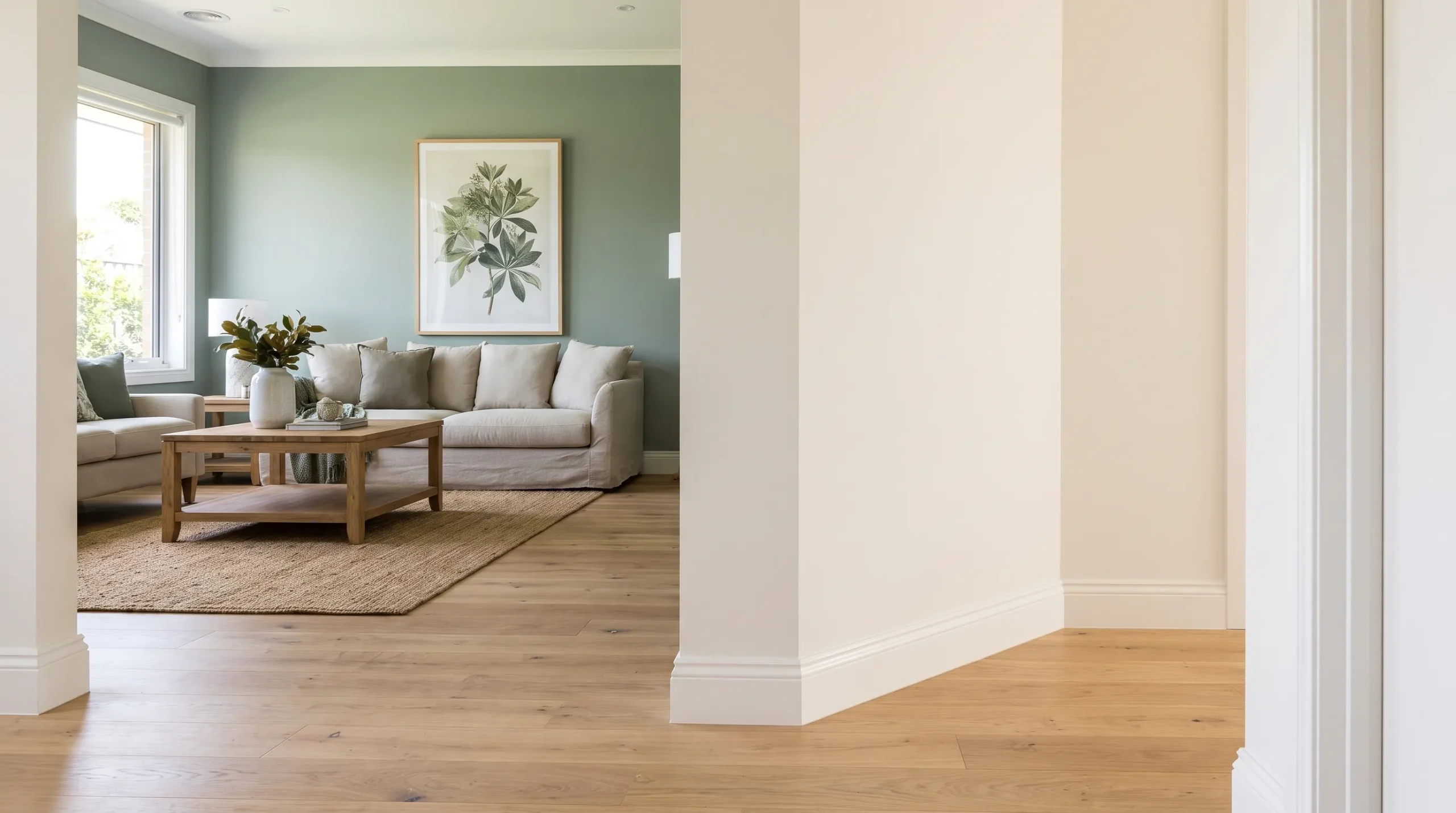 A warm white hallway opens into a sage-green living room, with matching skirting boards and timber flooring connecting the freshly painted spaces.