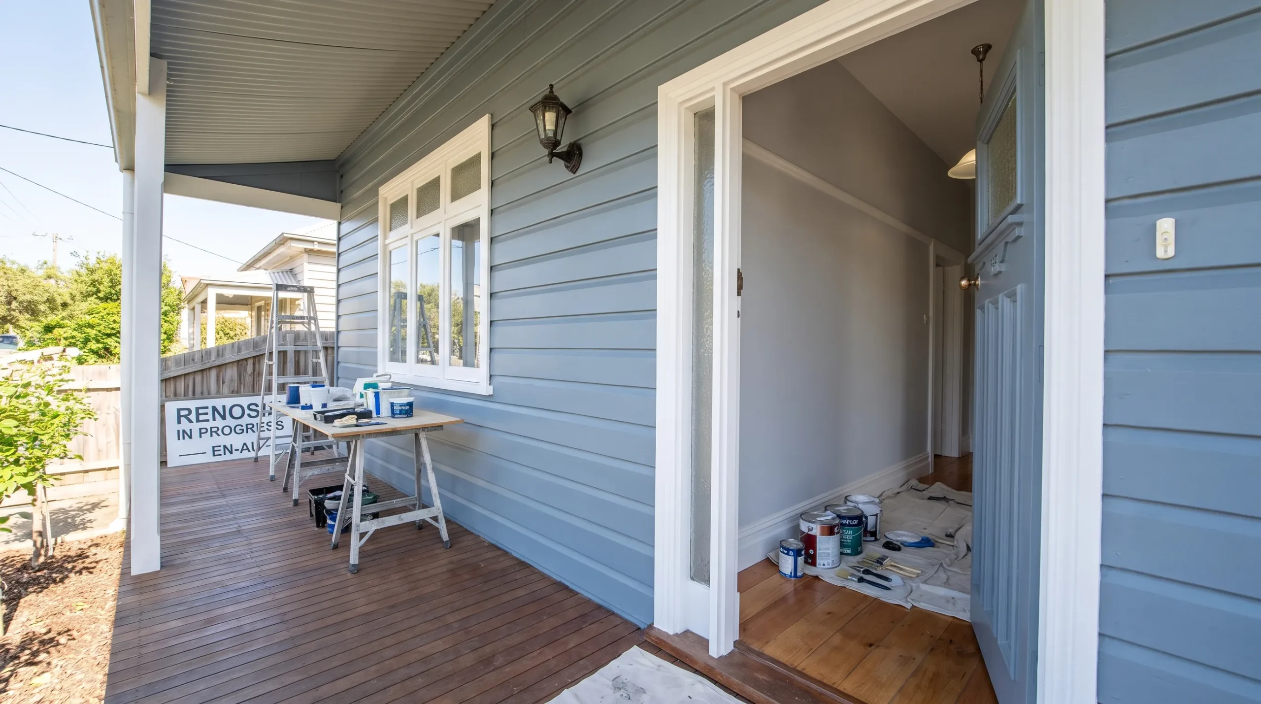 A weatherboard home's open front entry reveals repainted hallway walls beside the protected verandah during a coordinated interior and exterior refresh.