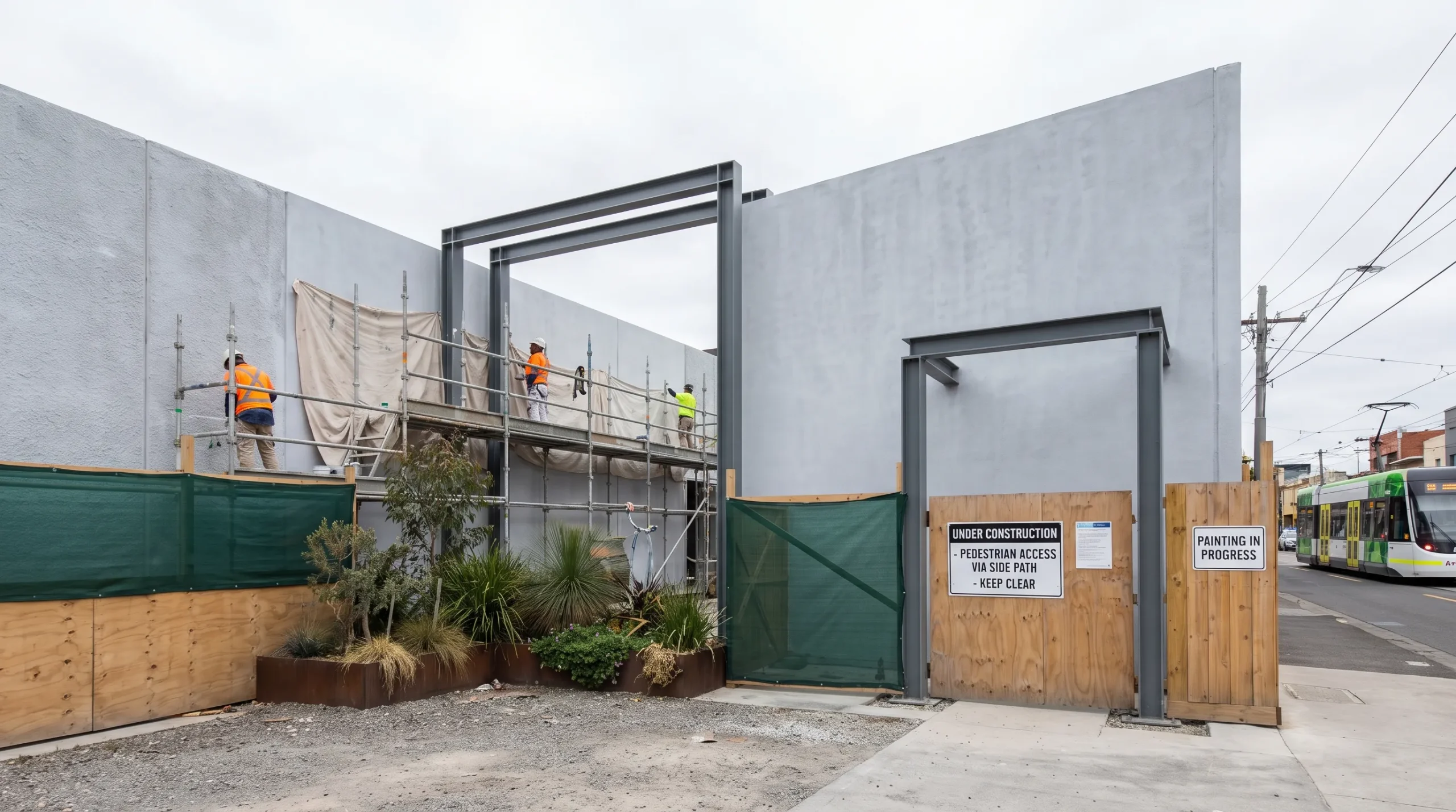 A wide view of prepared rendered walls and steel entry frames at a Melbourne commercial building, with a separated pedestrian entrance and protected landscaping beside the painting work.