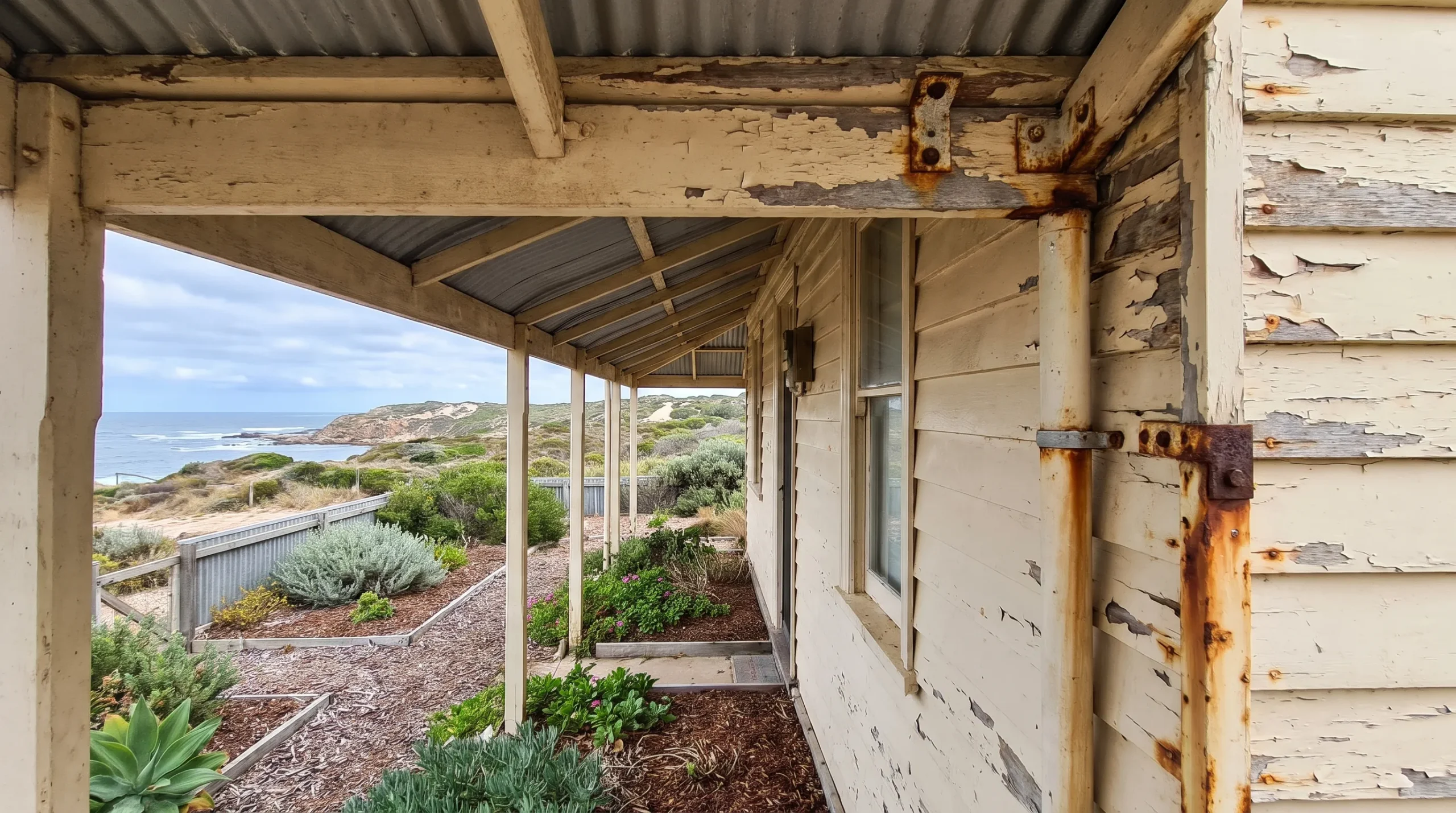 Peeling weatherboards and rusted metal fixings beneath a veranda show issues to discuss with house painters exterior.