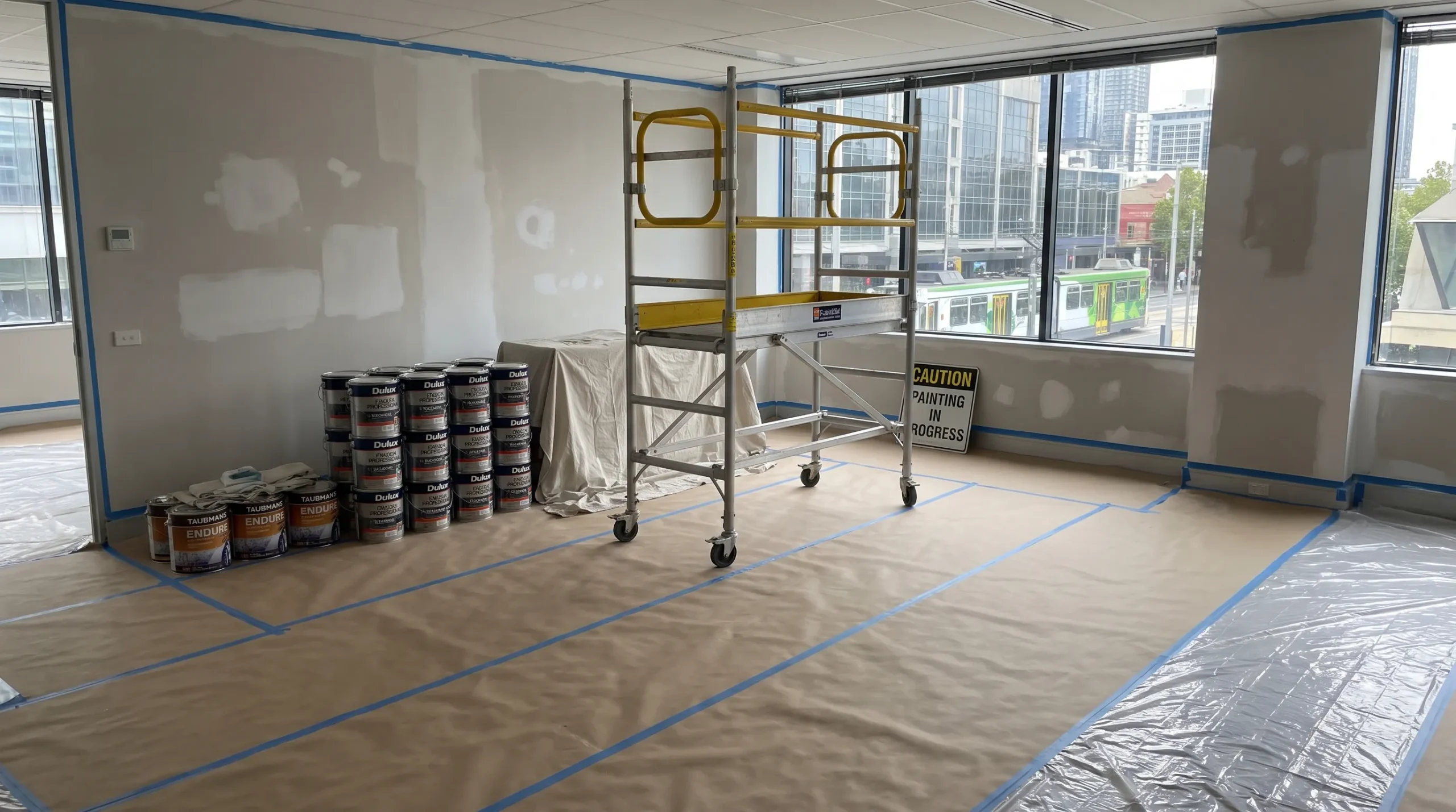 Protected flooring, prepared office walls, paint tins and a mobile scaffold show common inclusions to confirm in commercial painting prices.