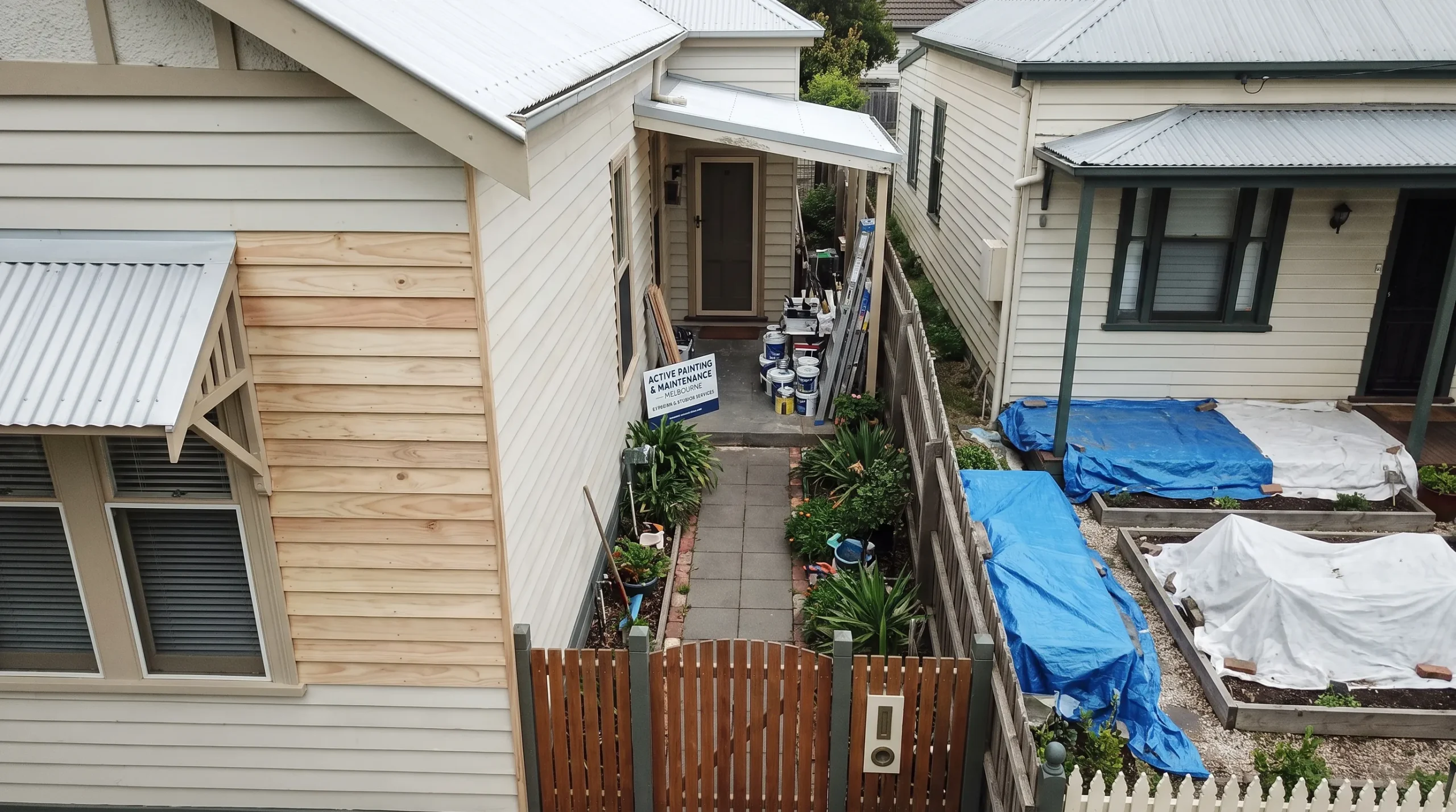 Protected garden beds and repaired weatherboards line a clear side path at a Melbourne home ready for painting.